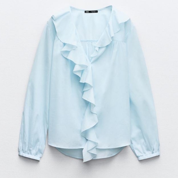 💙 ZARA Women's Romantic Blouse With Ruffles Sky Blue Size X-Large - Picture 3 of 12